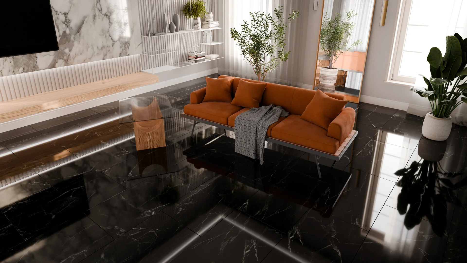 Pulheim Marmor – schwarzer Hochglanzboden im Wohnbereich